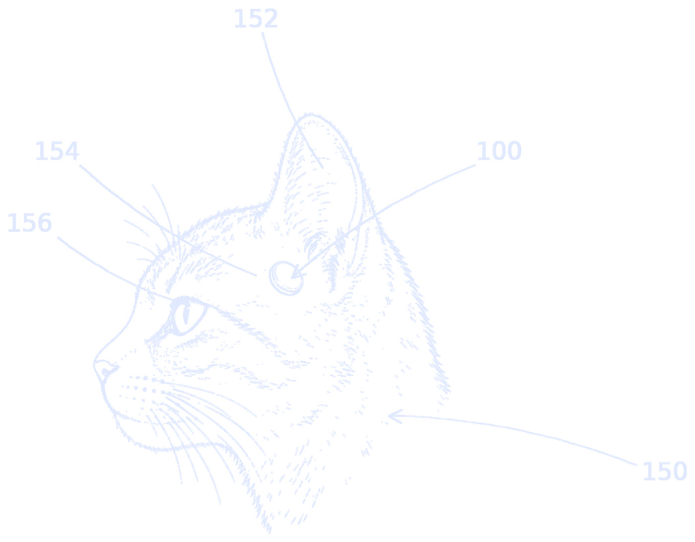 Patent drawing: a cat in profile with the coin-sized ear node placed on the bare skin in front of the ear