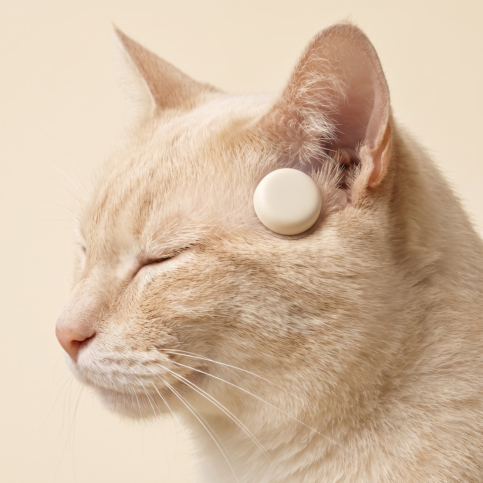 A cream cat in profile with eyes closed, a Pawvbeat node resting in front of its ear
