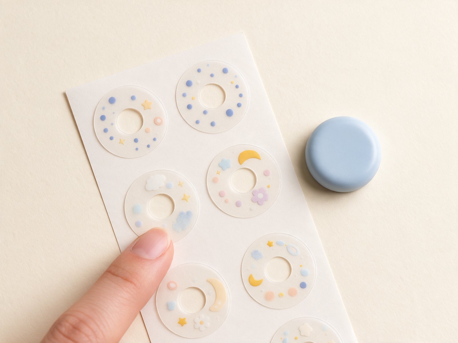 A sheet of pale hydrogel ring stickers printed with small stars, moons and pastel dots, next to a powder-blue Pawvbeat node